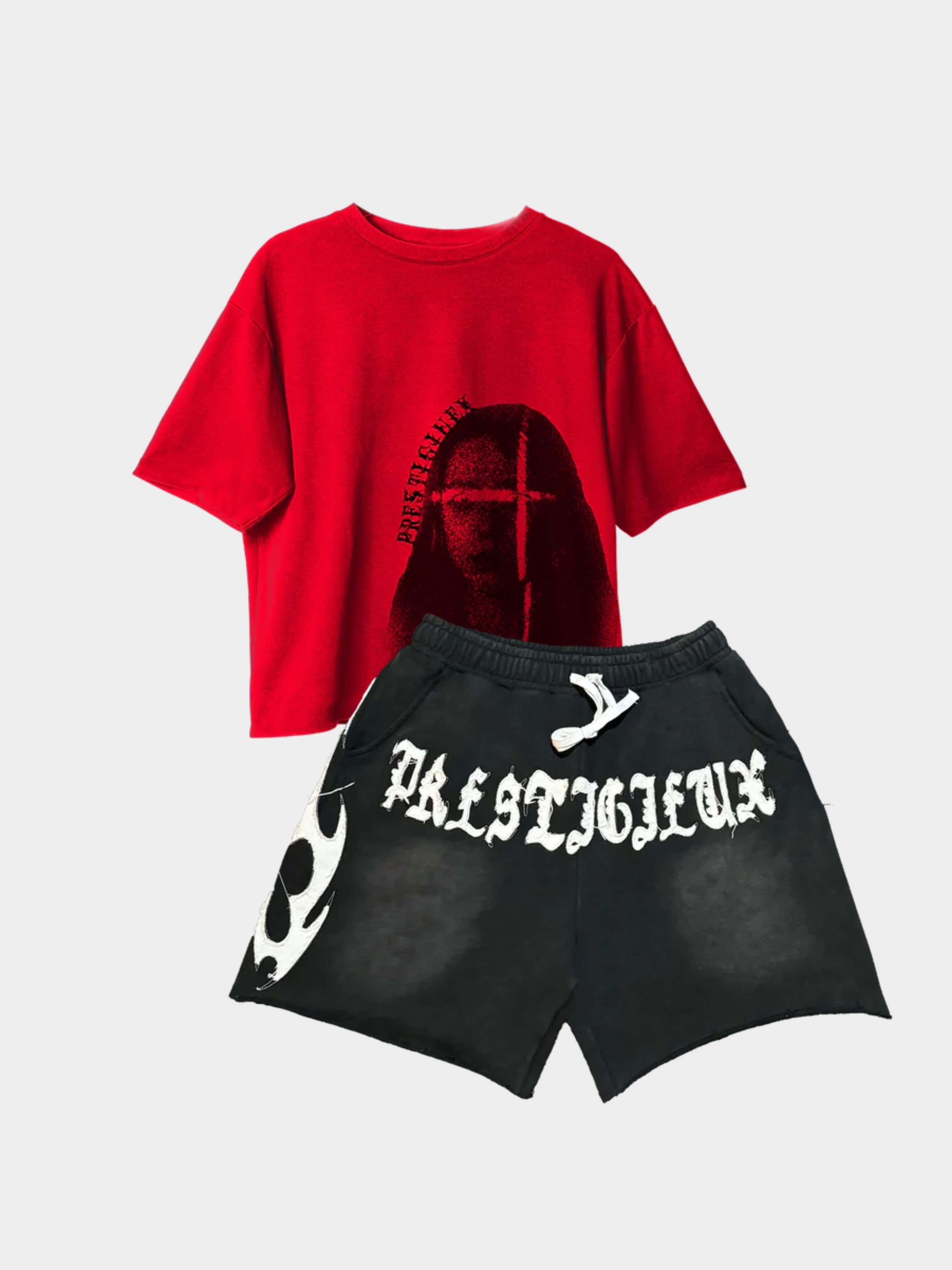 Red shirt & black shorts